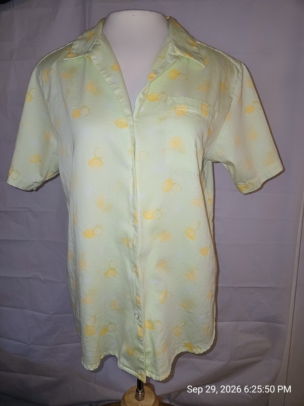 Men's Short Sleeve Button-Up Shirt in Pale Yellow with Lemon Print